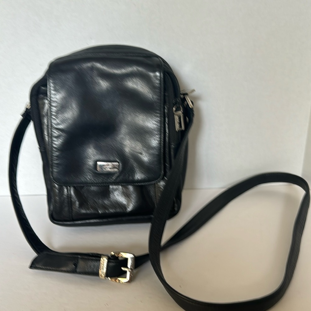 Perlina Black Leather Crossbody Bag 8”X6”X3.25”